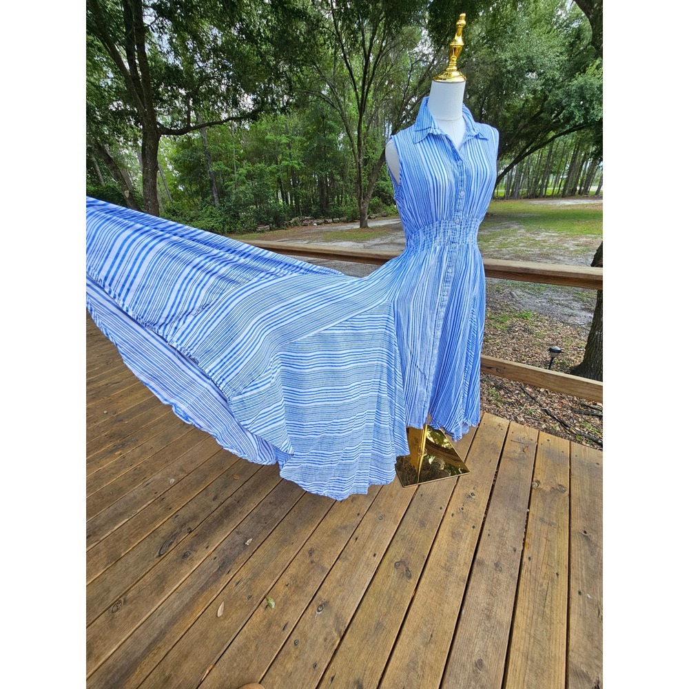Philosophy Republic Clothing Blue Striped Asymmetrical Boho Midi Dress Medium